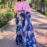 Navy Satin Georgette Floral Print Saree