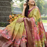 Light Green Colour Pure Viscose Dola Silk Saree with Pichwai Kalamkari Print - Luxe