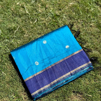 Teal Blue Silk Blend Floral Saree