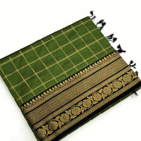 Green Self Chex Soft Silk Saree
