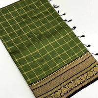 Green Self Chex Soft Silk Saree