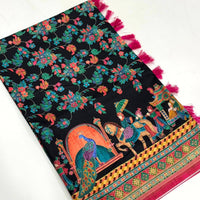 Black Soft Silk Pashmina Kashmiri Print Saree