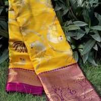 Yellow Dharmavaram Gold Birds Print Saree