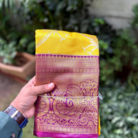 Yellow Dharmavaram Gold Birds Print Saree
