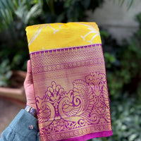 Yellow Dharmavaram Gold Birds Print Saree