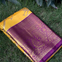 Yellow Dharmavaram Gold Birds Print Saree