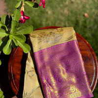 Beige Dharmavaram Gold Birds Print Saree