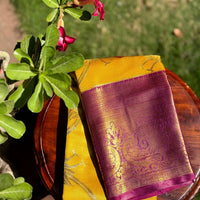 Yellow Dharmavaram Gold Birds Print Saree