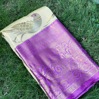 Beige Dharmavaram Gold Birds Print Saree
