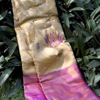 Beige Dharmavaram Gold Birds Print Saree
