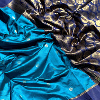 Teal Blue Silk Blend Floral Saree