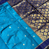 Teal Blue Silk Blend Floral Saree
