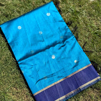 Teal Blue Silk Blend Floral Saree