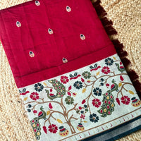 Red Pure Cotton Viscose Kalamkari Print Saree