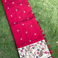 Red Pure Cotton Viscose Kalamkari Print Saree