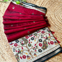 Red Pure Cotton Viscose Kalamkari Print Saree