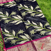 Black Soft Chanderi Pochampally Ikkat Saree