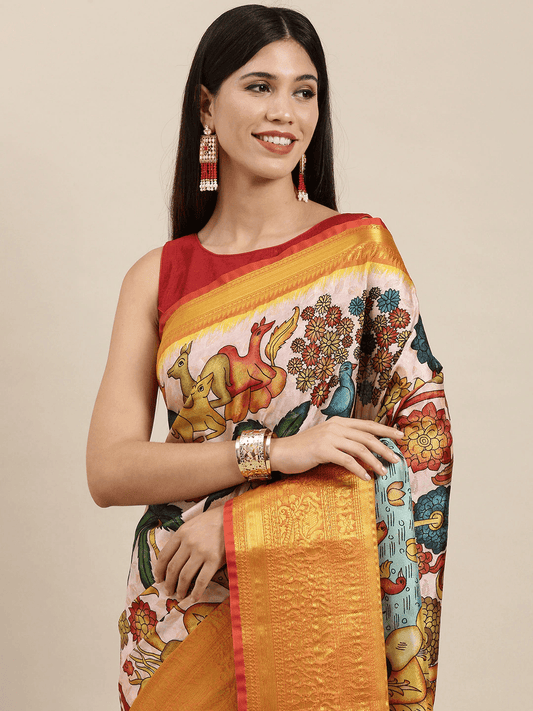 Designer Kalamkari Print Pattu Banarasi Silk Saree