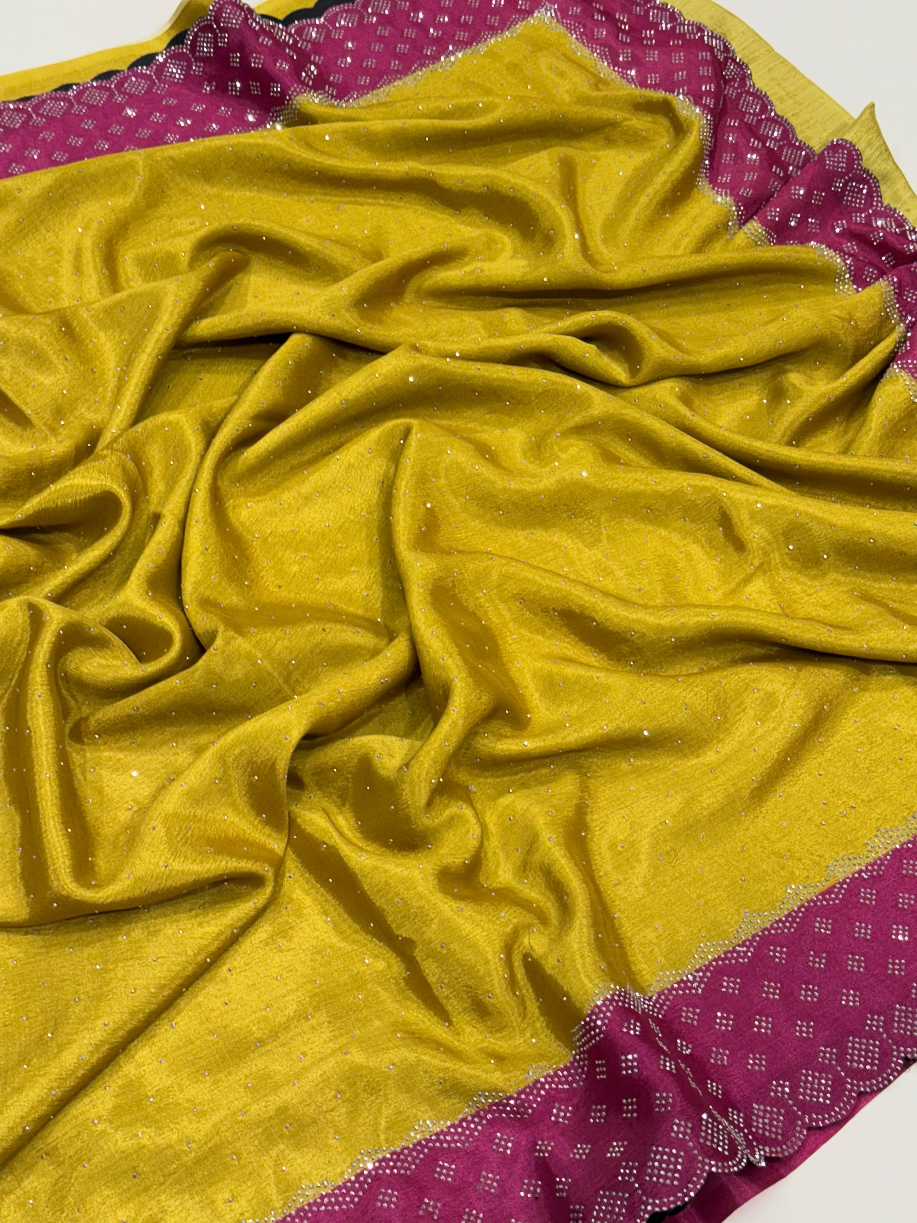 Mustard Poly Chiffon Diamond Swaroski Work Saree